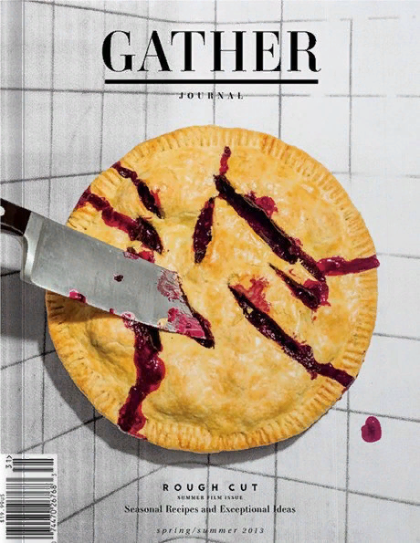Gather Journal запустился летом прошлого года и уже успел стать победителем премии James Beard Award в номинации Visual Storytelling и получил две золотые медали Society of Publication Designers. Издание выходит два раза в год, и каждый выпуск посвящен определенной тематике. Темой третьего номера стало кино, в частности, стиль режиссеров Альфреда Хичкока и Уэса Андерсона в гастрономической интерпретации. Словно полноценный ужин в ресторане, журнал разделен на соответствующие части: амюз буш (от фр. amuse bouche — блюдо очень маленького размера, «на один укус»), закуски, главное блюдо и десерты; а также специальные фичеры («блюдо от шефа») и кулинарные эксперименты. По словам учредителей Gather Journal Майкла Аутлэнда и Фиореллы Валдесоло, их главная цель — объединить людей посредством совместного приготовления или поглощения пищи — кому что больше нравится. Микстейп к номеру о кино составил Кэмерон Кроу, а на обложке красуется гастрономическая отсылка к знаменитому фильму Альфреда Хичкока.