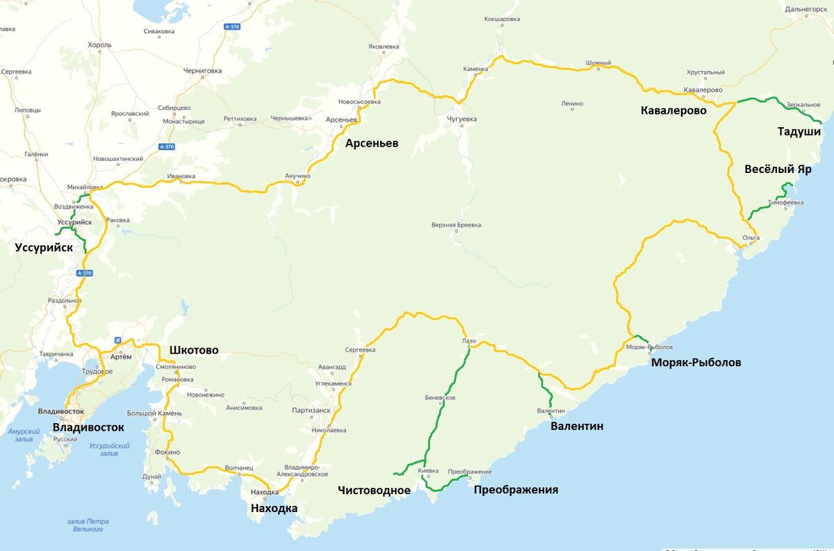 Золотое Кольцо Приморья. Зелёным выделены съезды с маршрута к интересным местам.