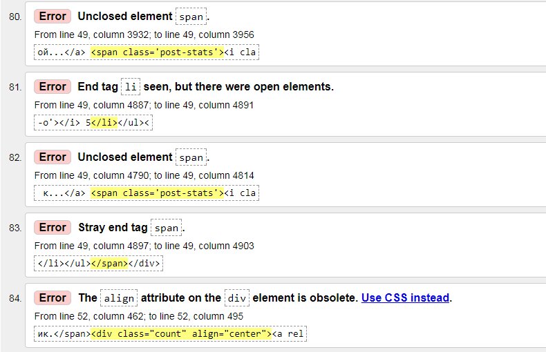 Рис.1 Пример ошибок в HTML разметке (валидации верстки)