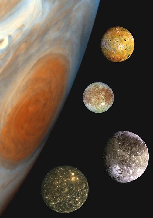 Галилеевы спутники Юпитера, сверху вниз – Ио, Европа, Ганимед, Каллисто