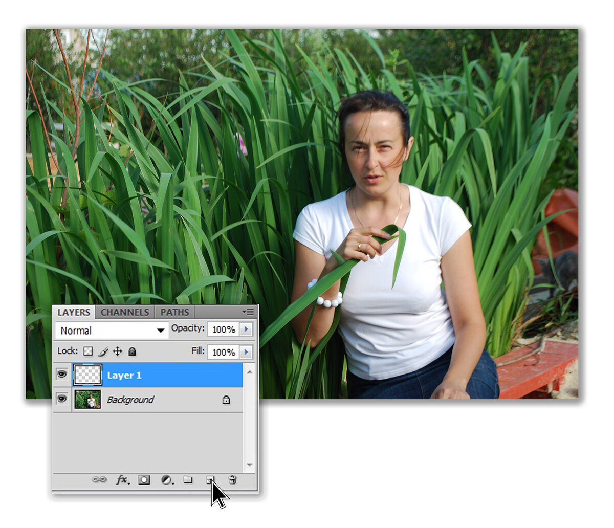 Откройте фотографию, к которой вы хотите применить обрезку с «правилом третей». В данном случае это фотография с неудачной композицией – основной объект находится чуть правее центра снимка, и слишком много пространства слева и сверху (эта ошибка сразу же бросается в глаза). Начнем с создания нового слоя. Щелкните на кнопке Create a New Laer (Создать новый слой) в нижней части палитры Layers (Слои).