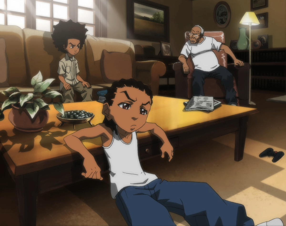 Гетто рождение. The Boondocks Хьюи и Райли. The Boondocks Райли. Хьюи Фримен гетто.