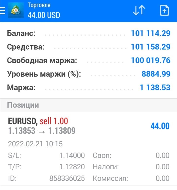 Открытие позиции sell.