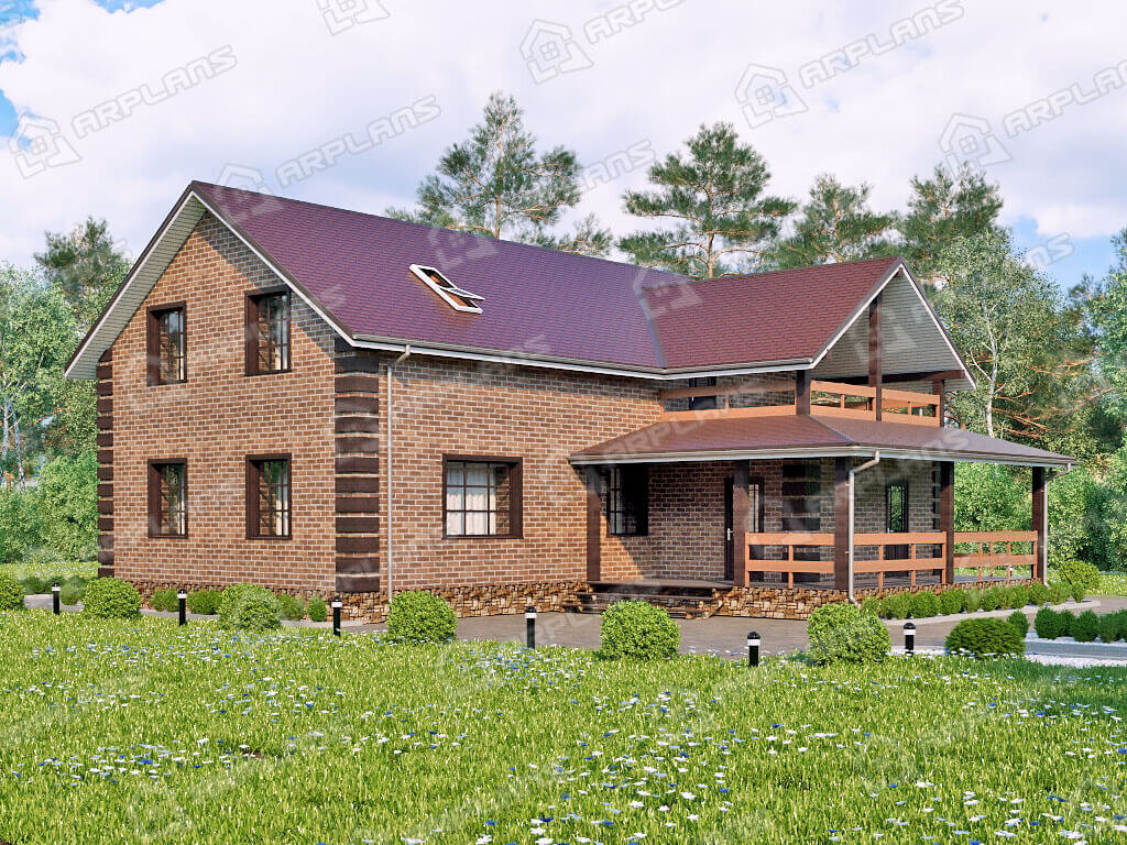 Фото 1 двухэтажного дома из кирпича с мансардой, 3 спальнями, балконом, газовой котельной и террасой. Общая площадь 220 кв м. Источник arplans.ru Проект К-020