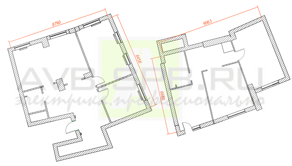 Особенности - отсутствие прямых углов, непараллельные и неперпендикулярные стены