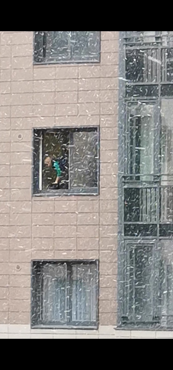 Хлопьями снег, 8 этаж, без страховки. Отважная тётка. 