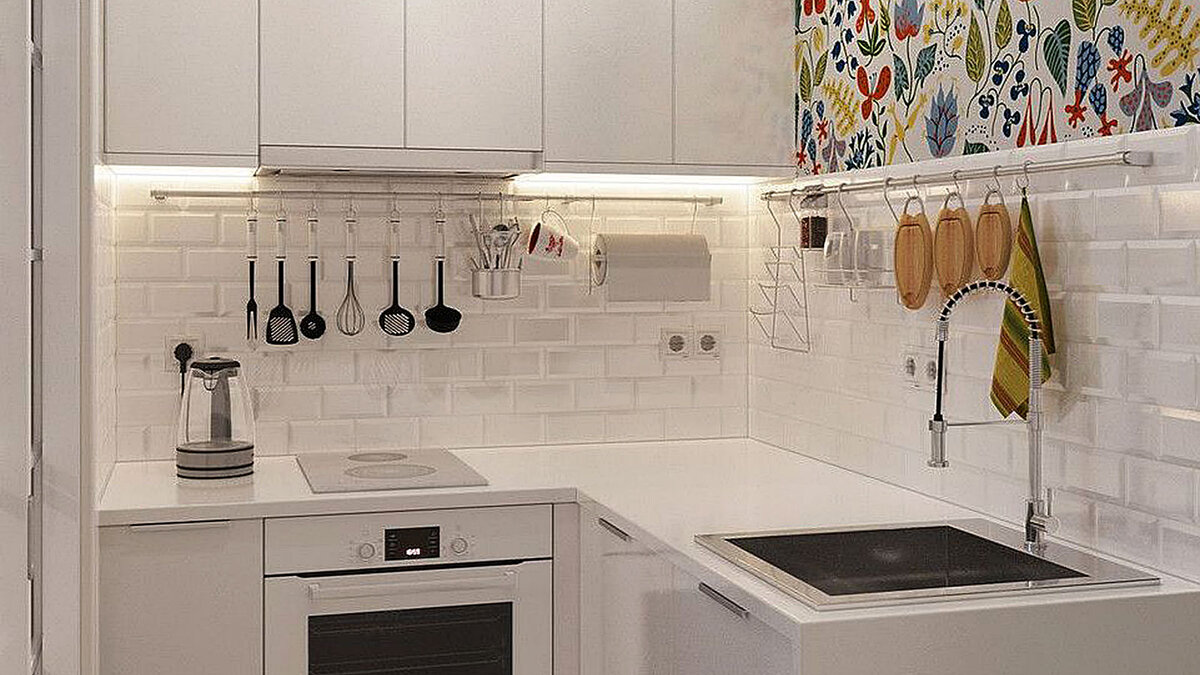 Кухня малой площади угловой планировки в современном стиле.