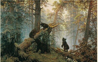 " Утро в сосновом лесу " - картина русских художников И. И. Шишкина и К. А. Савицкого .Савицкий написал медведей , но коллекционер П. М. Третьяков стёр его надпись , так что автором картины часто указывается один Шишкин .