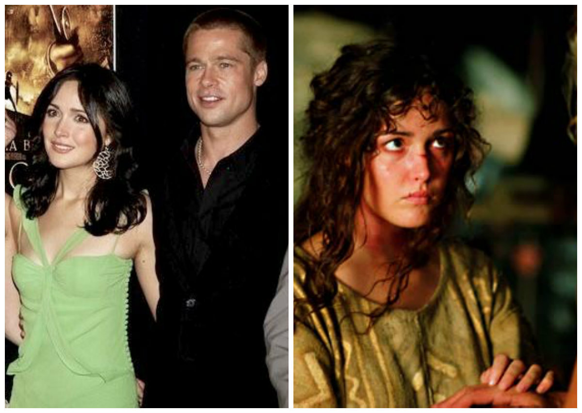 Роуз Бирн и Брэд Питт на одном из мероприятий и Роуз Бирн в фильме «Троя» / источник фото: Pinterest