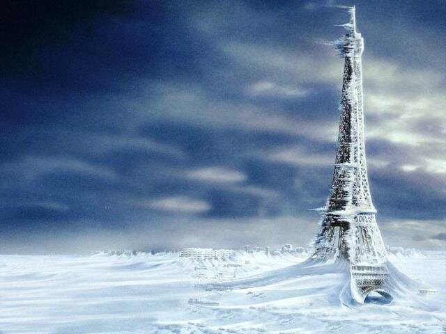 Занесённый снегом Париж. Таковыми представляются последствия изменения направления течения Гольфстрима в книге "Человек, который украл Гольфстрим" . Постер из фильма "Послезавтра"