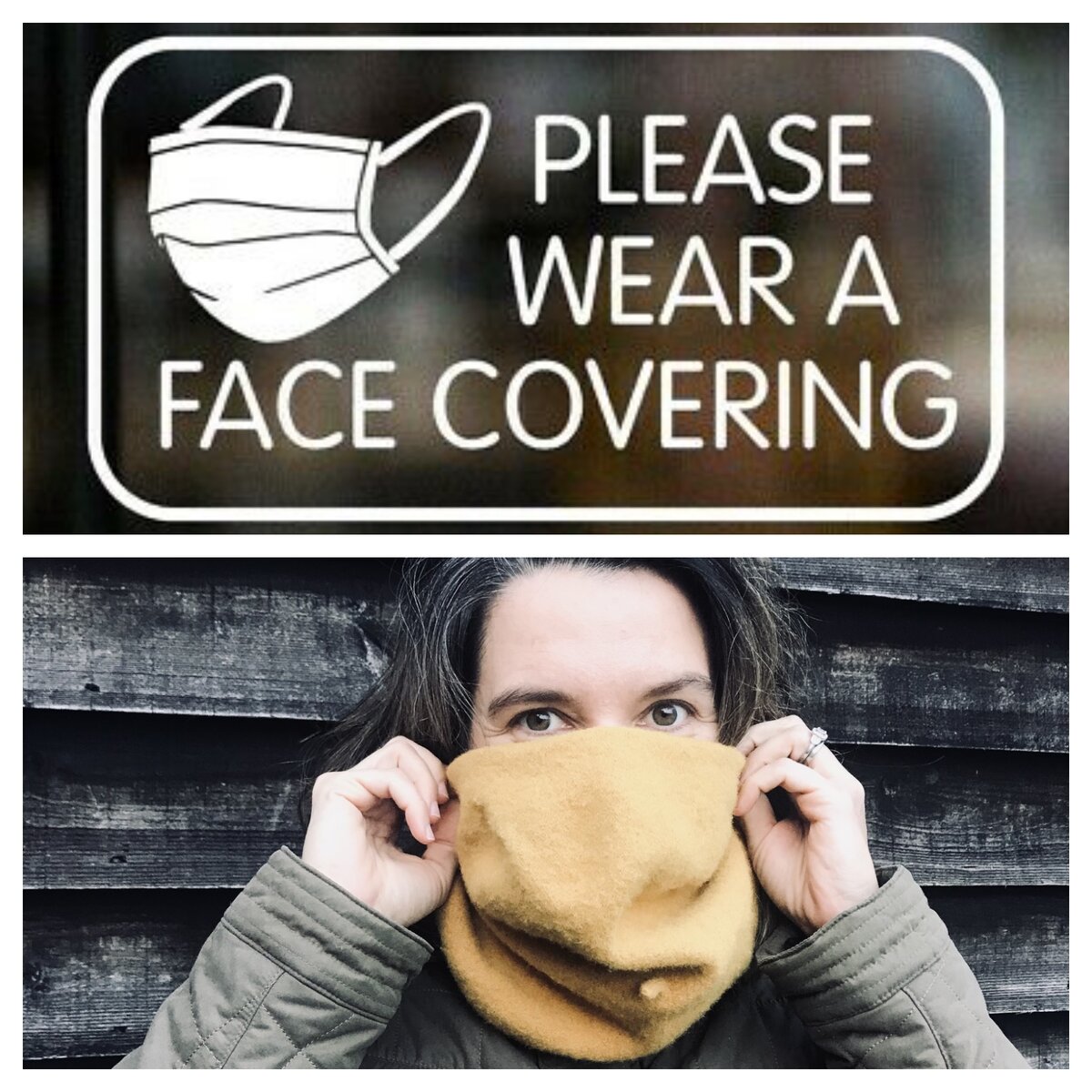 Я забыла маску. Надпись гласит: «пожалуйста, носите на лице защиту». Фотография из личного архива.