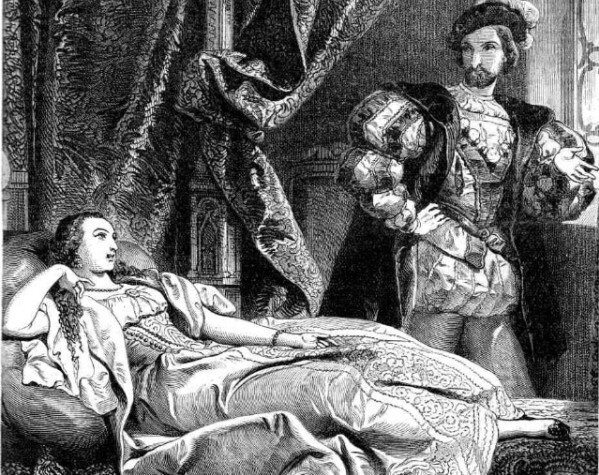Франциск I читает стихи герцогине д'Этамп. Гравюра-иллюстрация к роману А. Дюма "Асканио".