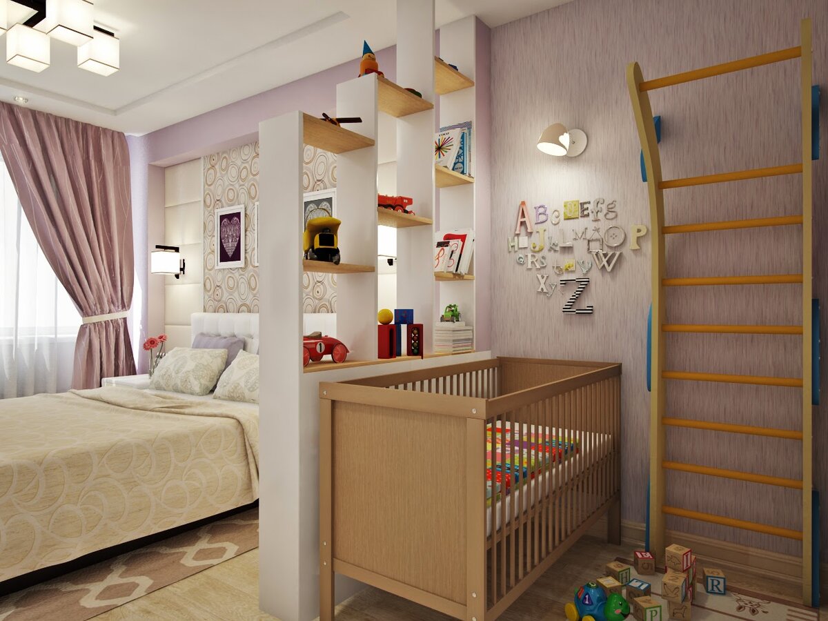 интерьер спальни и детской кровати