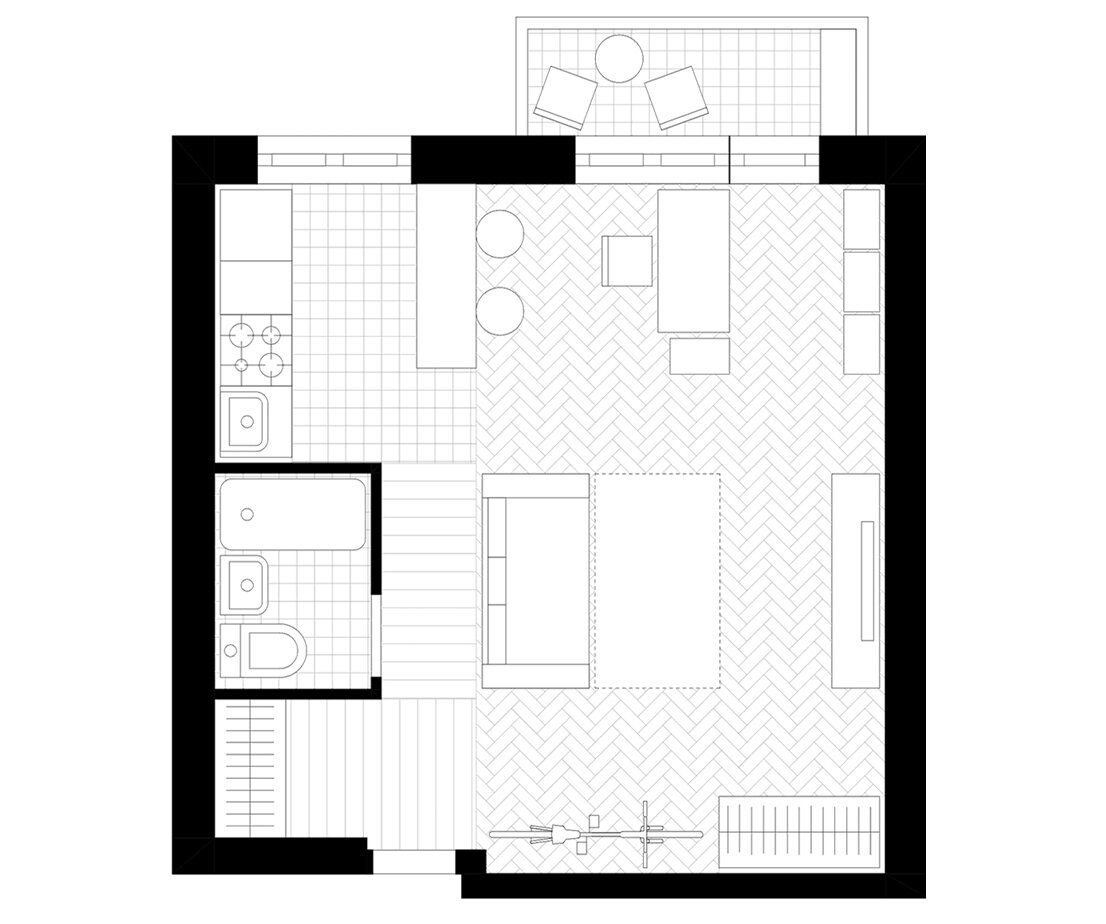 Миллениалы видят зонирование квартир не стенами, а особенностями расположения мебели без использования старых парадигм, согласно которым предметы в квартире должны быть расположены вдоль стен. В современных планировках мы стараемся отказываться от нагромождения перегородок внутри квартиры для того, чтобы максимально дать разгуляться простору имеющейся скромной площади. Кухня теперь не комбинат по производству еды, а место для дегустации утреннего кофе и посиделок с друзьями за бокалом вина. Хорошее рабочее место с естественным освещением, незастекленный балкон, диван для просмотра Youtube и сериалов, а также места для хранения небольшого количества вещей (в том числе и оборудования для занятий спортом) - всё это делает данный тип квартиры пригодным для комфорта молодых людей, начинающих самостоятельную жизнь.