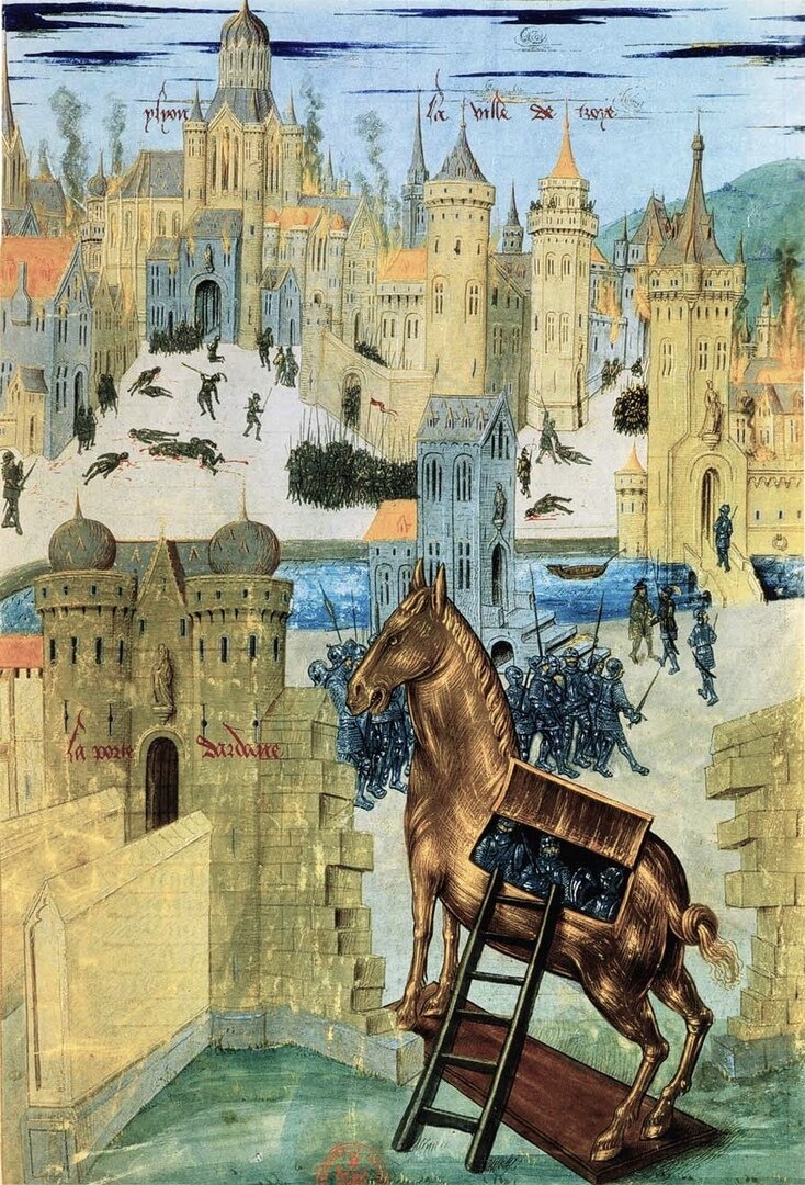 Троянский конь. Французская миниатюра XV века.