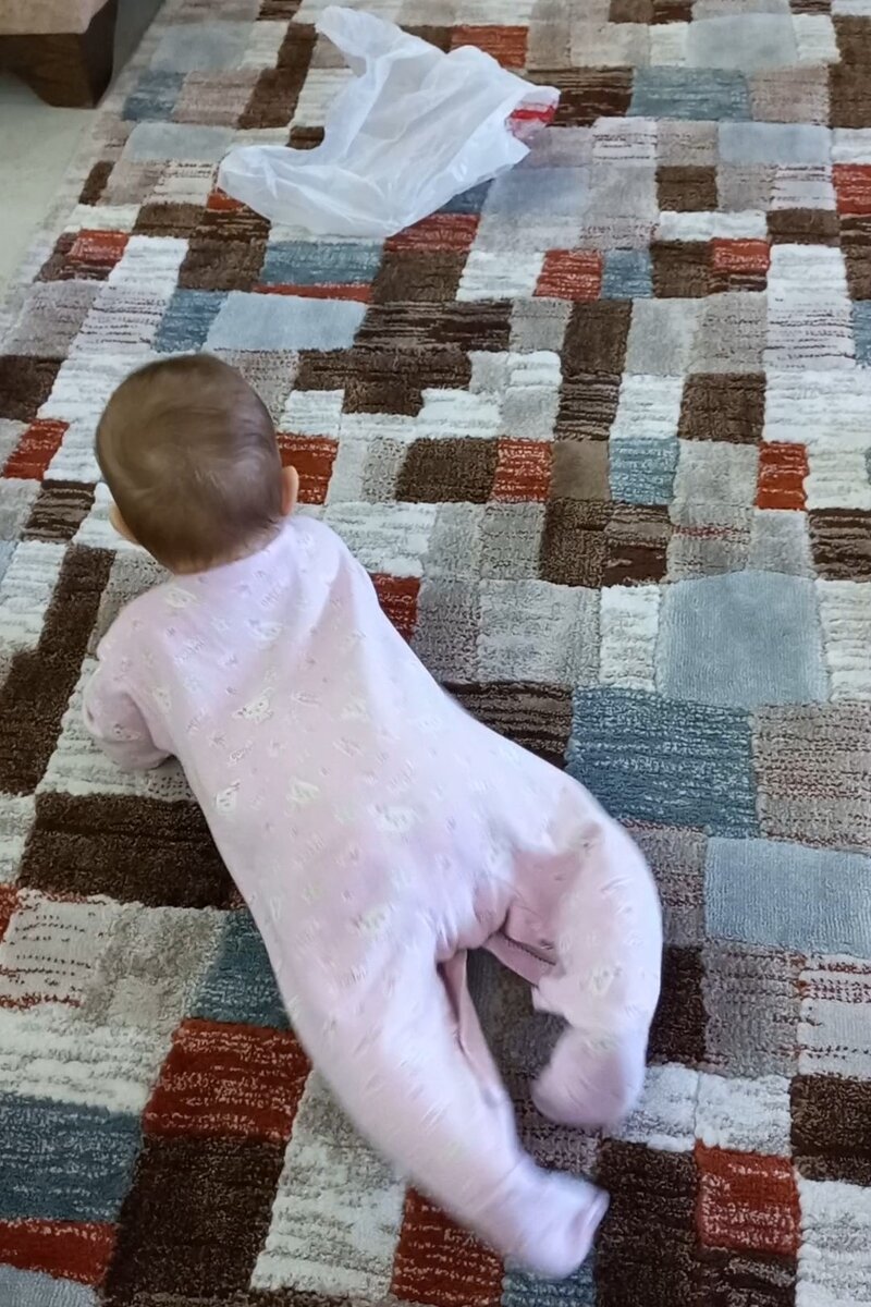 Дочка начала ползать, потому что ей нравилось шуршать пакетом. Пакет стал для нее большим стимулом, чем игрушки и погремушки.