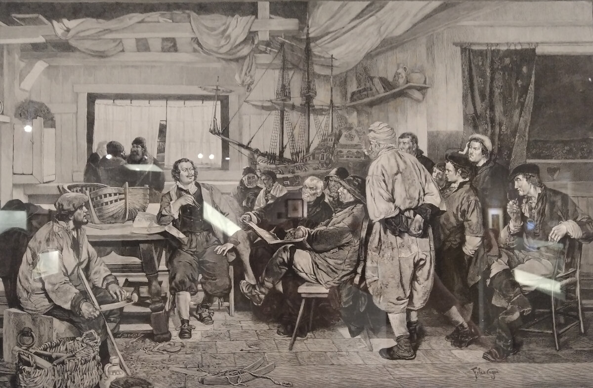 Литография ХХ века Феликса Когена «Петр Первый обучается в Голландии». 	