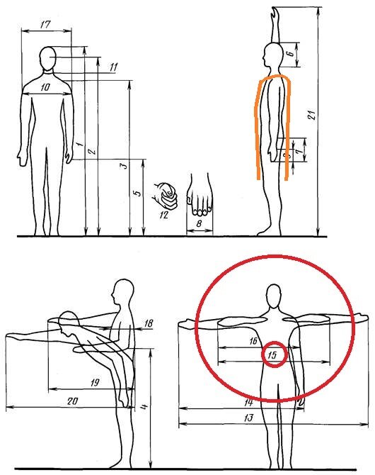 Нас интересует размер №15. Оранжевым показан контур будущего костюма.