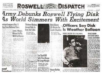 Заголовок на первой странице газеты Roswell Dispatch от 9 июля 1947 года гласит: «Армия разоблачает летающий диск Розуэлла, пока мир бурлит от волнения».