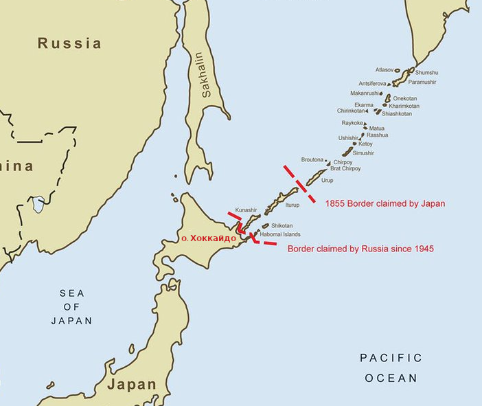 Рис. 2. Остров Хоккайдо - смотрит и на  Тихий океан и на Японское море. Рядом с ним русские острова Кунашир и Шикотан и группа островов Хабомаи.