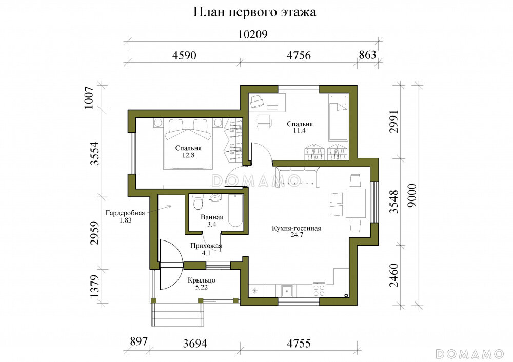 Планировка дома с 2 спальнями