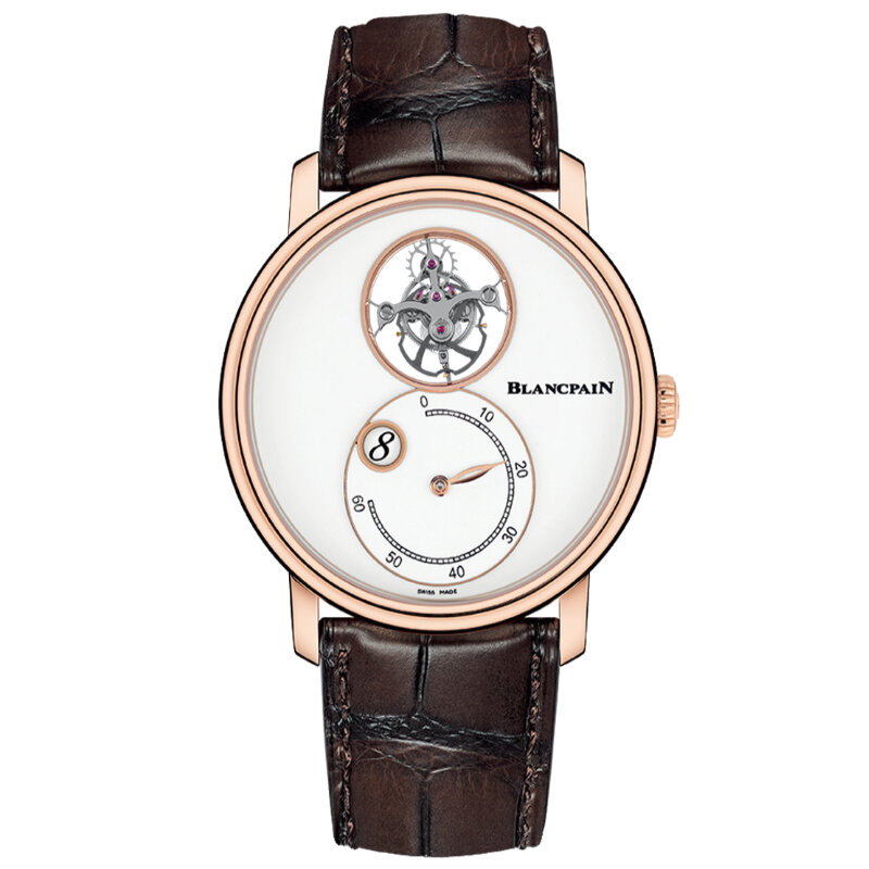 Часы Blancpain Villeret Tourbillon Heure Sautante Minutes Rétrograde с 42 мм корпусом из розового золота с эксцентром, турбийоном и «прыгающим» часом