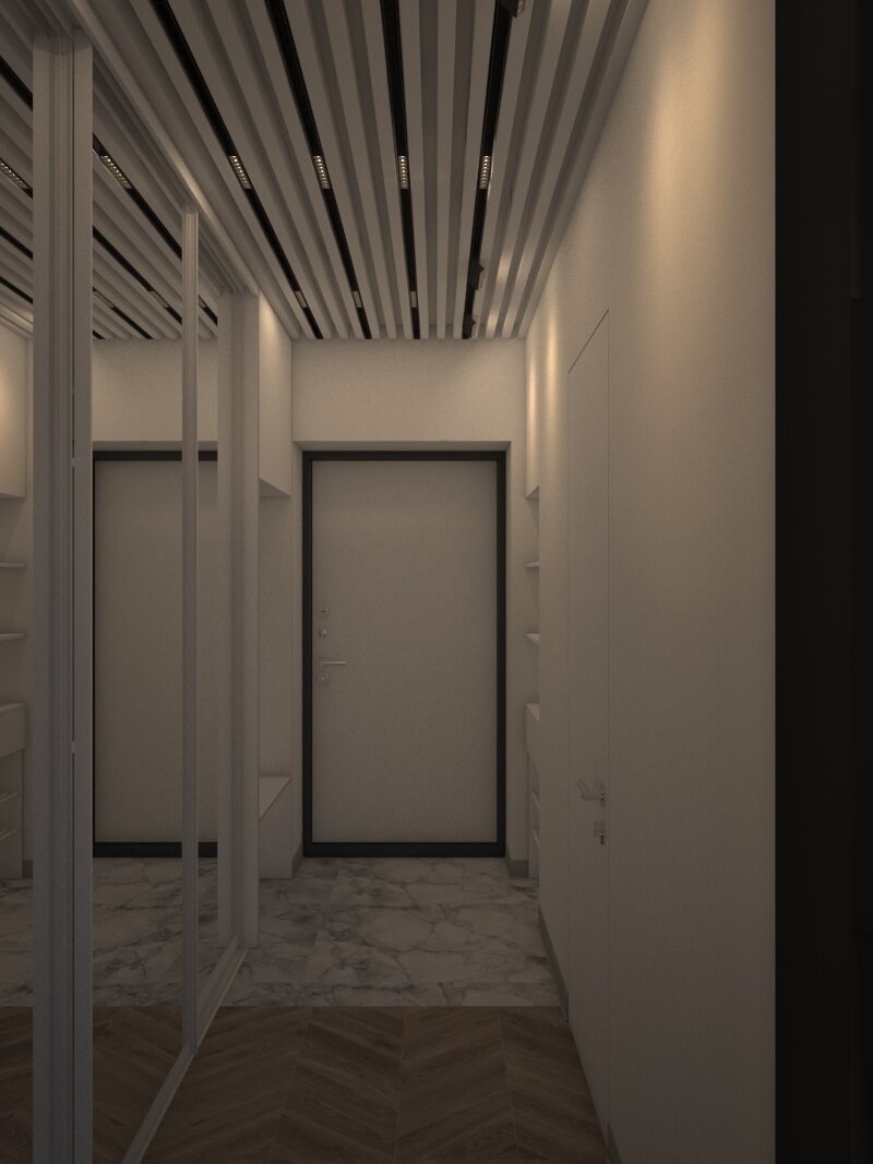 Коридор, с реечными потолками и встроенными магнитными светильниками. 