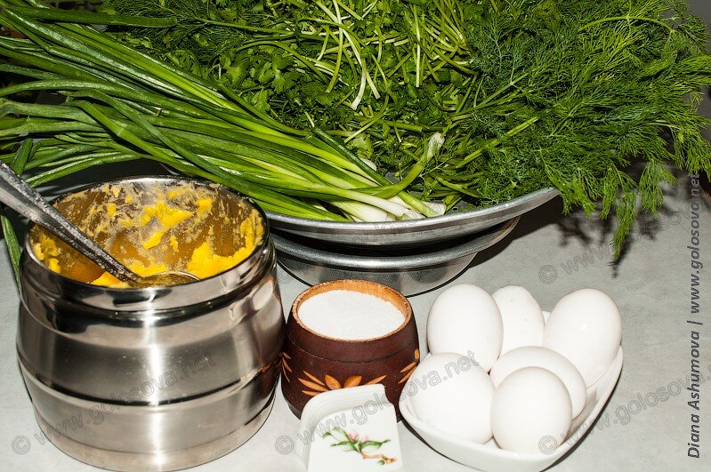 зелень, яйца, соль, перец, масло