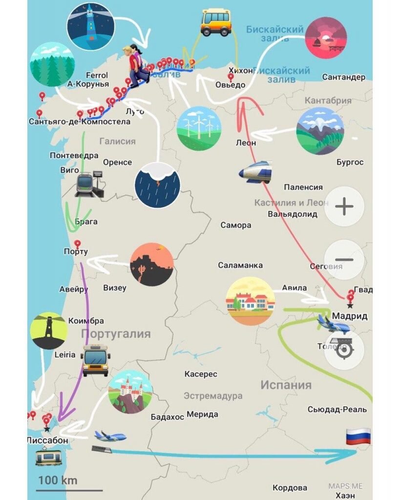 На карте схематичный маршрут нашего с Настей приключения в Мадрид с выходом через Овьедо на камино и потом из Сантьяго-де-Компостела в Португалию
