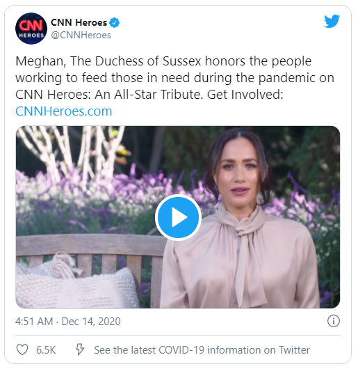 оригинал видео можете посмотреть в поиске google по ключевым словам "Markle CNN Heroes" или в твиттере CNN