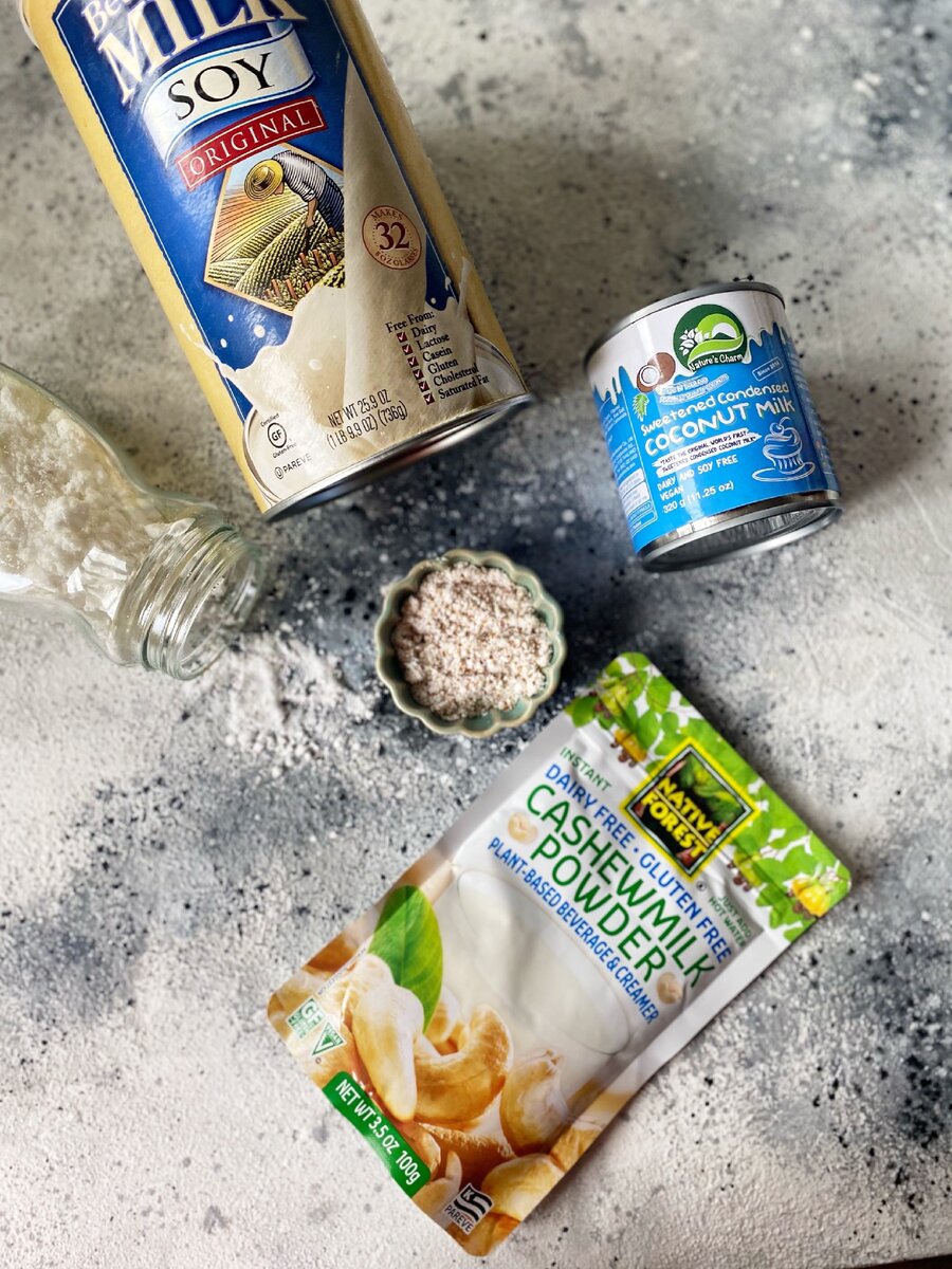 Веганские сухие кокосовые, кешью сливки и веганское сгущённое кокосовое молоко