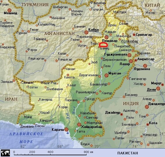 Карта Пакистана и выделенный красным цветом район лагеря Бадабер (с правками). Источник: megabook.ru