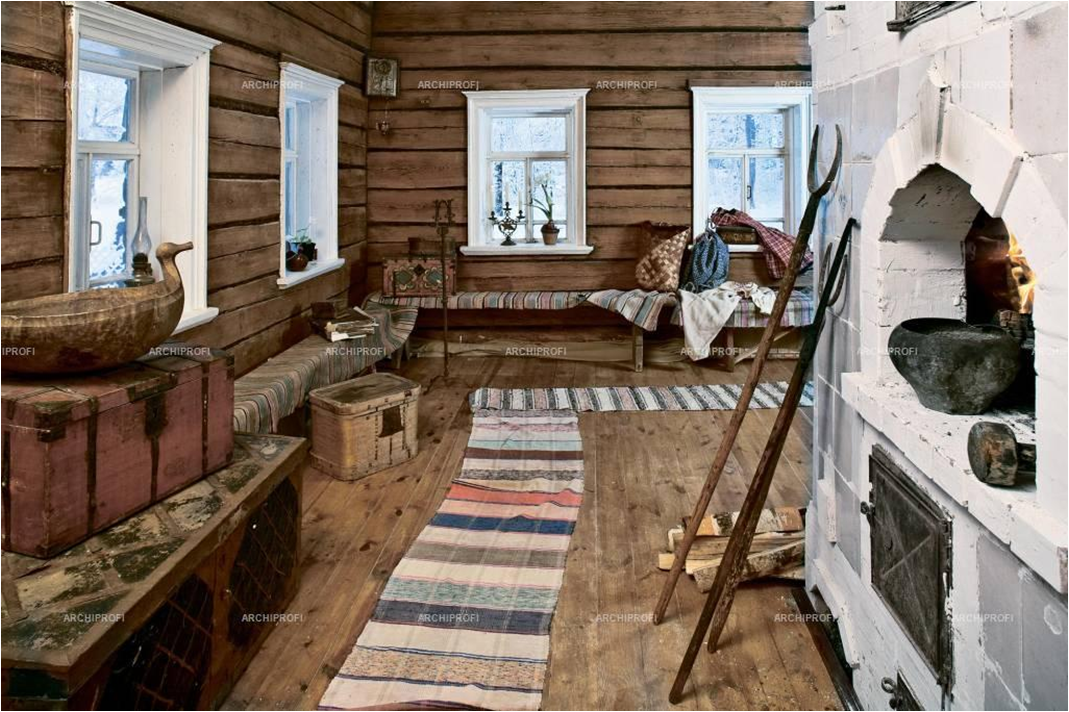 Крестьянская изба всегда была наполнена предметами народного искусства: расписная мебель и посуда,  тканые и вышитые скатерти, полотенца, половики и одежда, резные наличники и игрушки и т.д. 