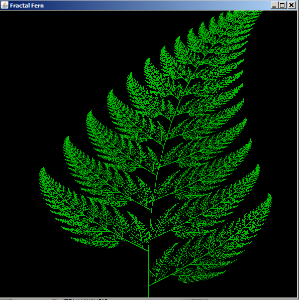 Аттрактор "Папоротник Барнсли" строится методом многократных случайных перескоков точки между вершинами двух опорных треугольников (на рисунке они скрыты) с определенной вероятностью, которая задается заранее выбранным правилом. Изменяя форму и расположение опорных треугольников, а также заданное соотношение вероятностей, можно менять форму получающейся картинки. Но если однозначно заданы опорные треугольники и вероятности переходов, всегда будет получаться одна и та же веточка папоротника. Подробнее - смотри видео.