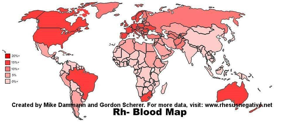 Карта распределения отрицательного резус-фактора на Земле (https://realdoors-spb.ru/karta-grupp-krovi.html) Заметим, что данные этой карты несколько отличаются от данных статьи «Rh blood group system» (subsection «Population data») // Wikipedia [2]