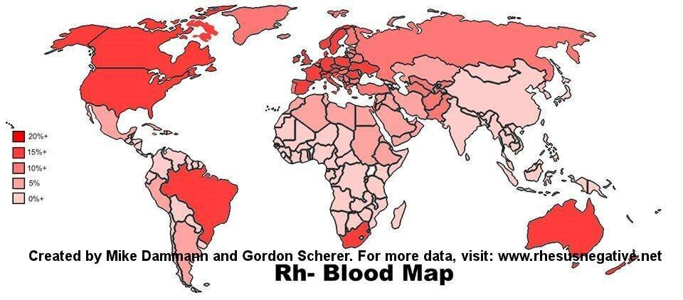 Карта распределения отрицательного резус-фактора на Земле (<a href=