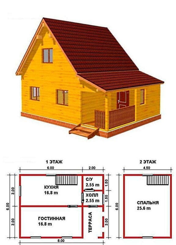 Вариант планировка двухэтажного домика 6х8 с террасой