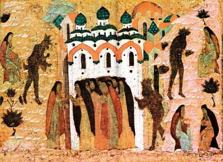 "Бесы косматые " на одном из клейм иконы "Богоматерь Боголюбская с житиями  Зосимы и Савватия", 1545г.
