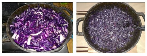 Обжаривание красно-кочанной капусты с луком 