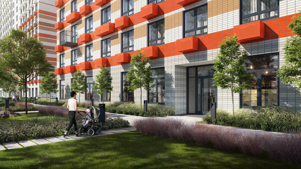 3D-визуализация подъезда на уровне земли в «Восточном Бутово»