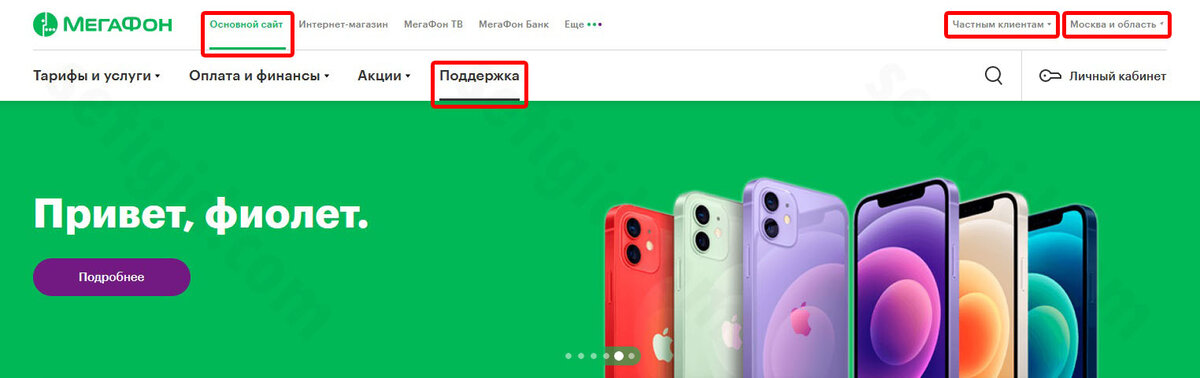 Выбор населённого пункта. Разделы «Частным клиентам» и «Основной сайт». Переход к категории «Поддержка» на сайте «МегаФона»