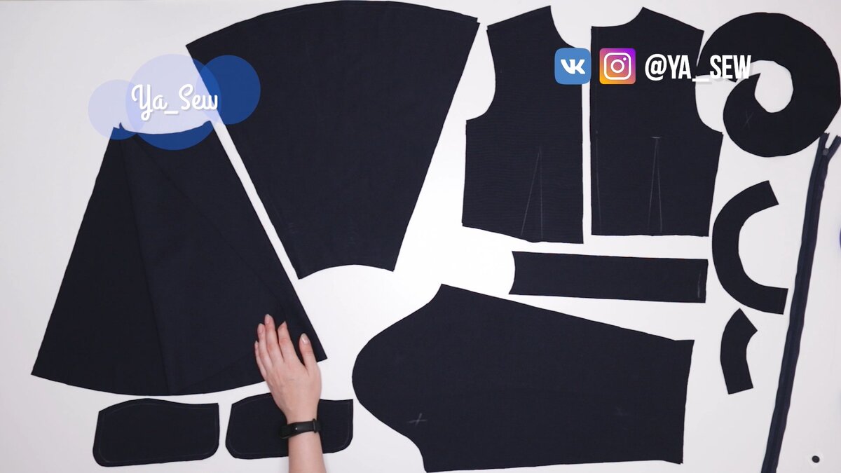 Перед-2,  планка переда-1, спинка-2, волан-2, переднее полотнище юбки со сгибом-1, заднее полотнище юбки-2, рукав-2, воротник-4, обтачка горловины переда со сгибом-1,
обтачка горловины спинки-2.
