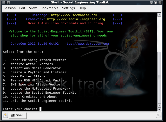 1.	Social-Engineer Toolkit -  встроенный инструмент в Kali Linux. Предназначен для тестирование  на проникновение с использованием элементов социальной инженерии, сет имеет ряд векторов атак по запросу , который позволяет вам быстро совершить правдоподобную атаку. Его создатель Дэвид Кеннеди создал поистине потрясающий инструмент позволяющий  при подготовке к фишингу творить фантастические чудеса с его помощью можно в автоматическом режиме создавать зараженные файлы, собирать личные данные и даже полностью клонировать любой веб-сайт в интернете под ключ. Данный фреймворк регулярно обновляется даже появилась экспериментальная версия под MacOS , что конечно же не может не радовать ярых адептов яблочного гиганта.