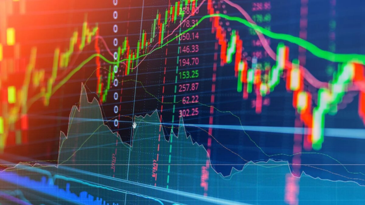 Коллаж графика трейдера с разными индикаторами