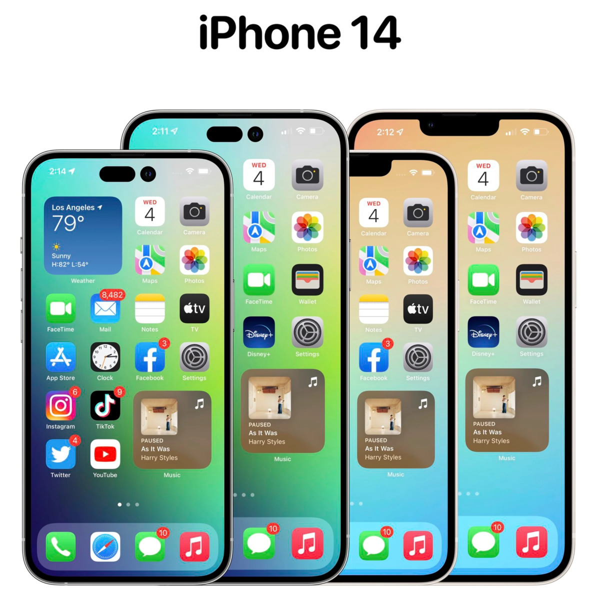 Слева направо: iPhone 14 Pro, iPhone 14 Pro Max, iPhone 14, iPhone 14 Max