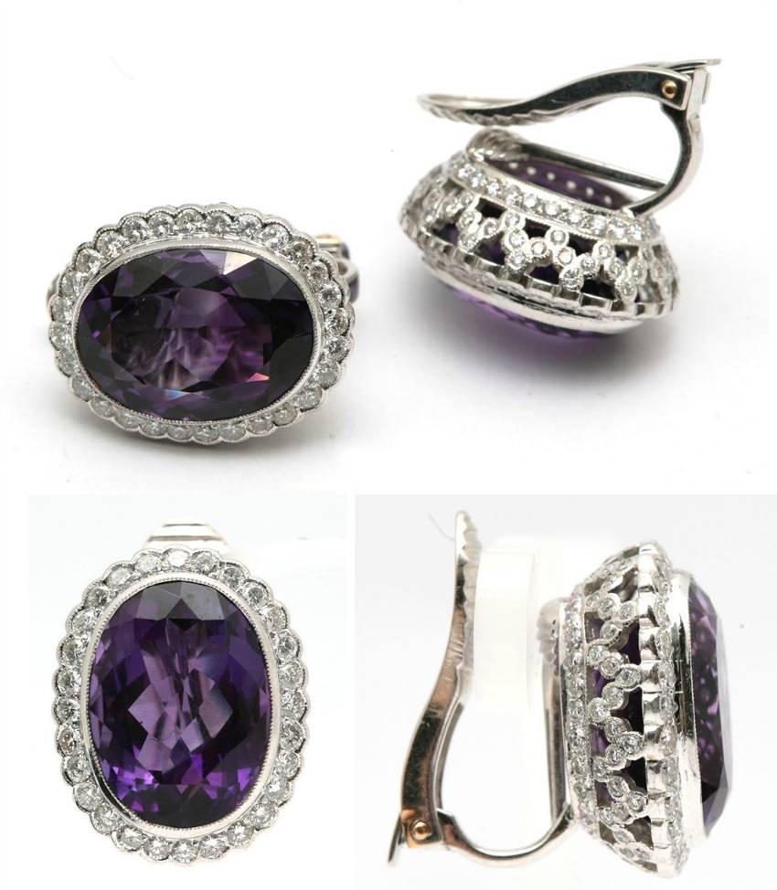 Серьги с природными аметистами и бриллиантами. Классический дизайн. Золото. Италия, последняя четверть XX в.