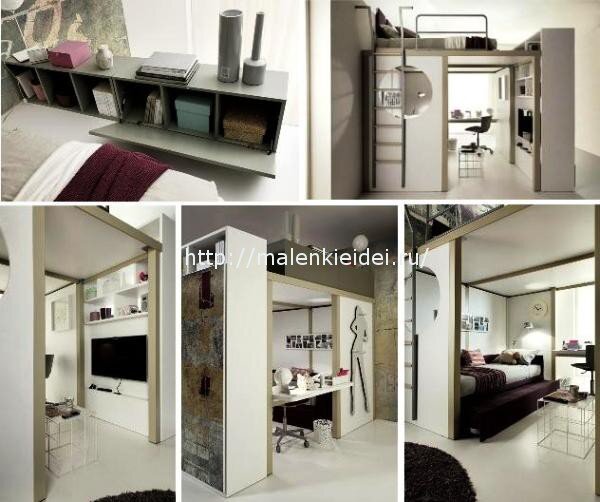 В нижнем ярусе есть диван с выдвижным спальным местом, удобный компьютерный стол и даже телевизор можно разместить на стене. На верхнем ярусе есть не только спальное место, на и тумбочки для хранения разных вещей.
