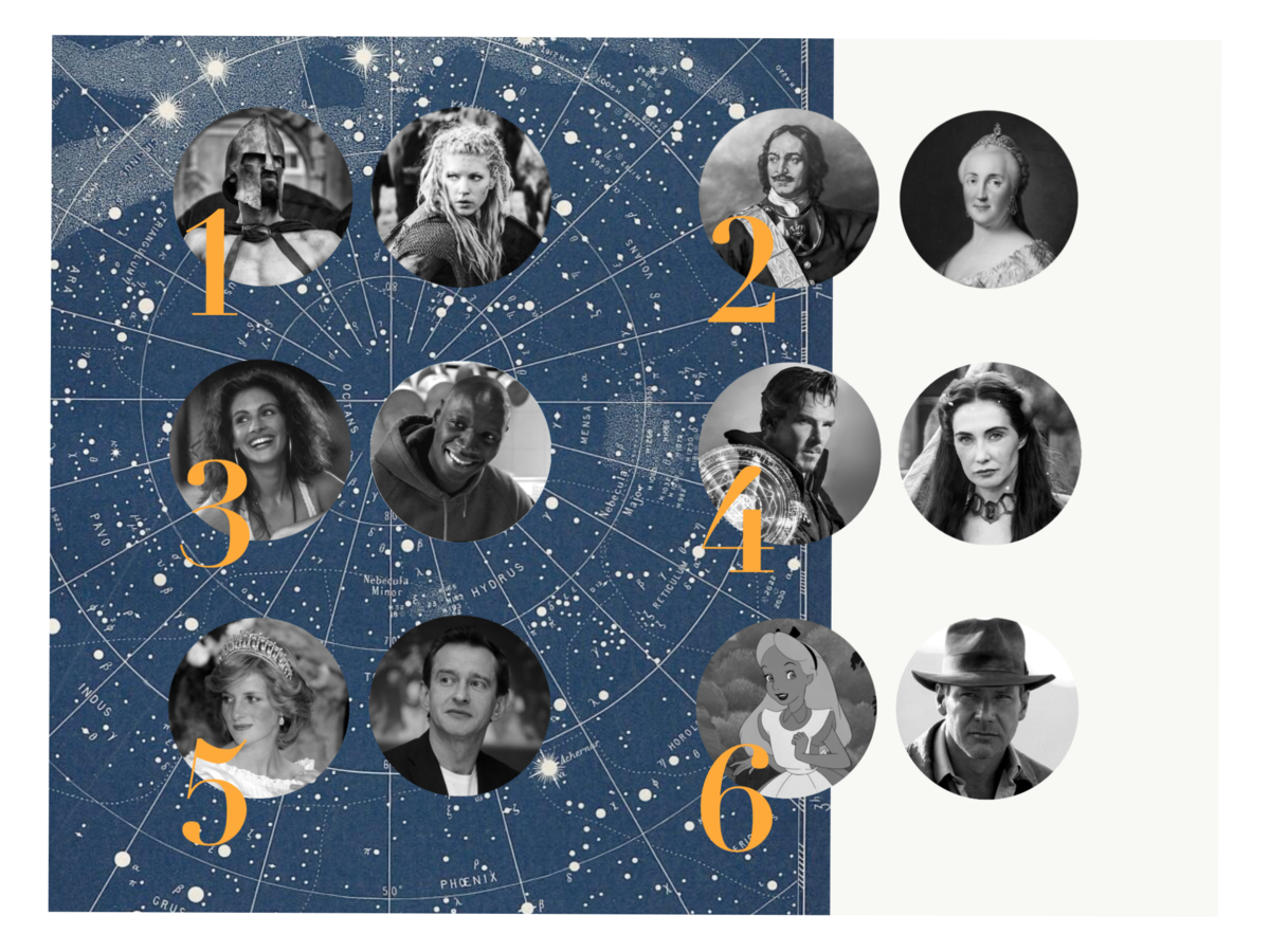 1. Спартак/ Валкирия; 2. Петр I/ Екатерина II; 3. Вивиан (к/ф « Красотка»)/ Дрисс (к/ф «1+1»); 4. Доктор Стрендж/ Мелисандра («Игра престолов»); 5. Принцесса Диана/ Константин Хабенский; 6. Алиса в стране чудес/ Индиана Джонс.