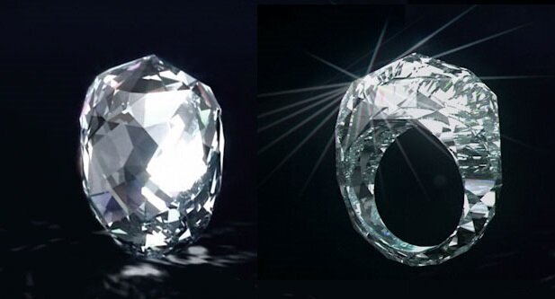 Так выглядело кольцо до обработки: цельным куском бриллианта, и после. 