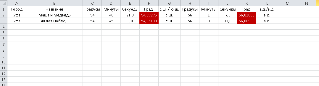 Фрагмент листа Excel с географическими координатами.